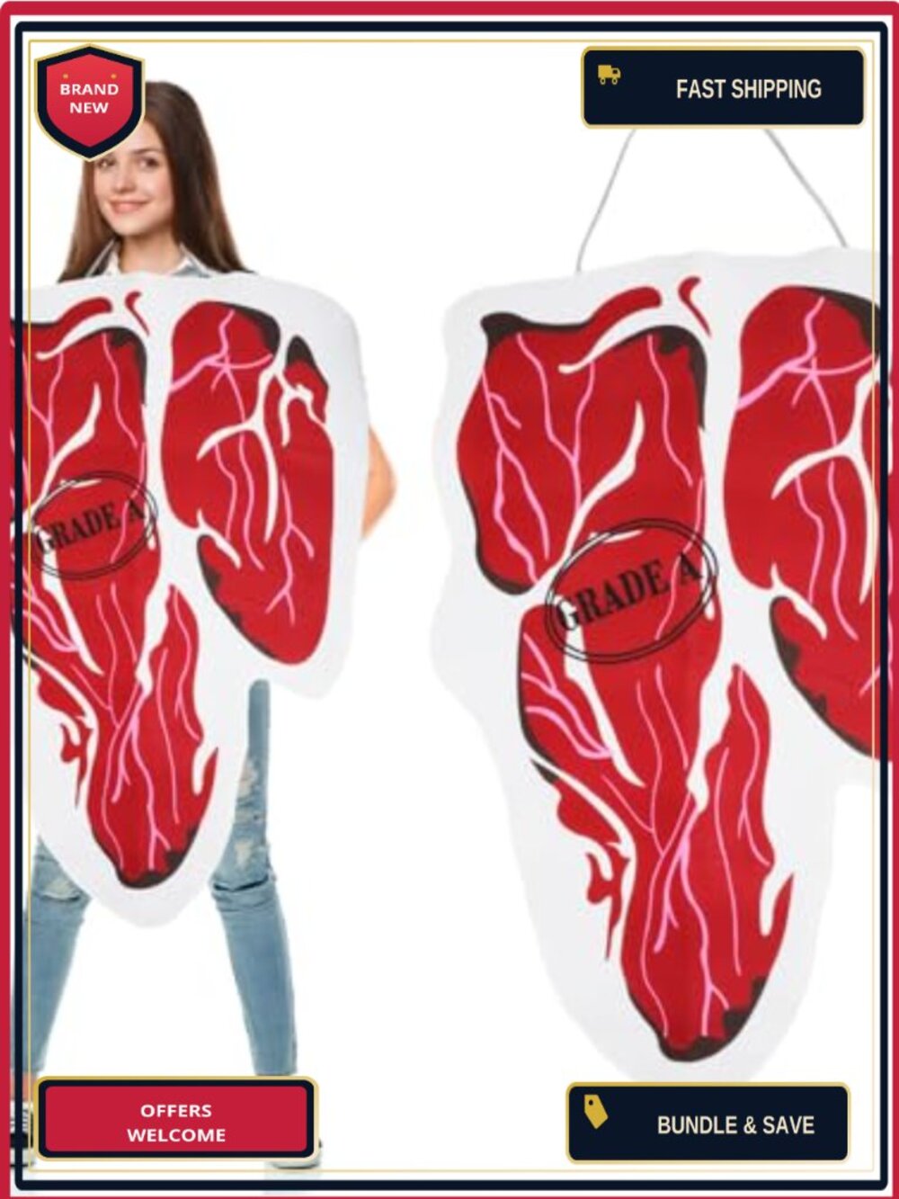 Funny Steak Costume Adult Polyester Jumpsuit Halloween Food Cosplay